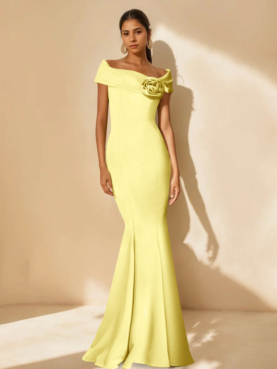 Minimalist Off-the-Shoulder Mother of the Bride Dresses in Trumpet/Mermaid Style with Detachable Flower-BMbridal