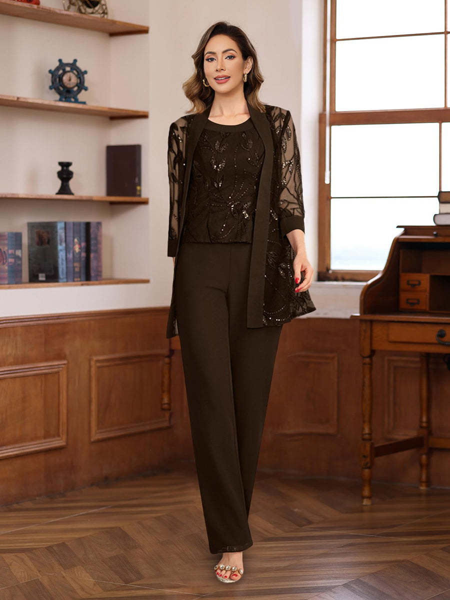 3-Piece Floor-Length Chiffon Pantsuits with Sequins for the Mother of the Bride