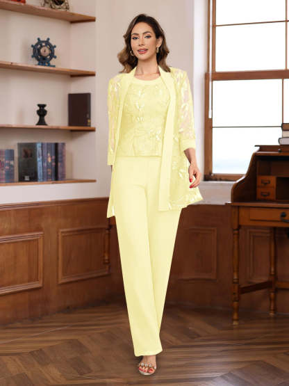 3-Piece Floor-Length Chiffon Pantsuits with Sequins for the Mother of the Bride