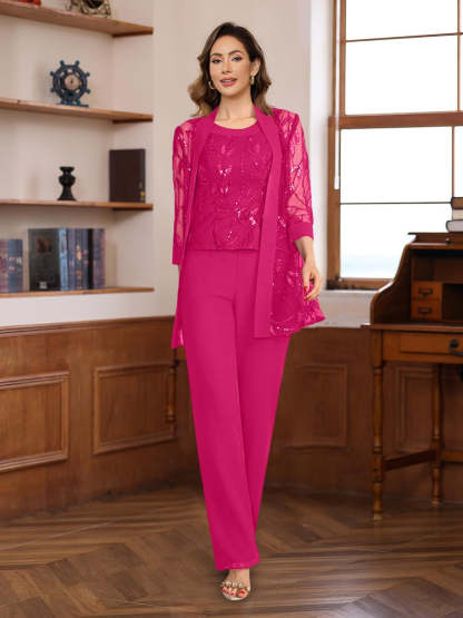 3-Piece Floor-Length Chiffon Pantsuits with Sequins for the Mother of the Bride
