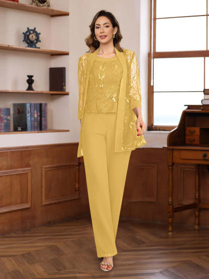 3-Piece Floor-Length Chiffon Pantsuits with Sequins for the Mother of the Bride