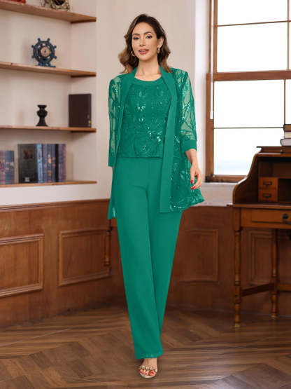 3-Piece Floor-Length Chiffon Pantsuits with Sequins for the Mother of the Bride