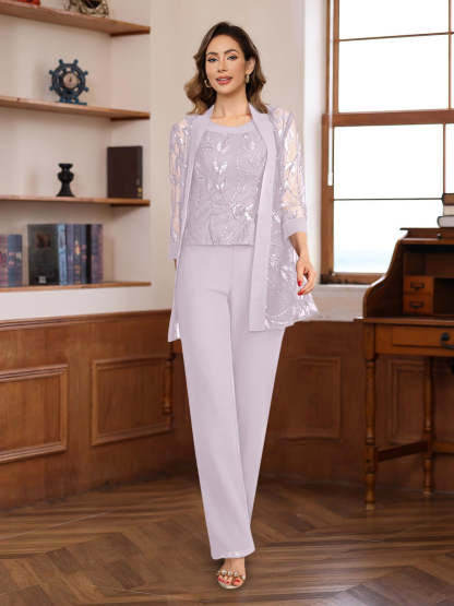 3-Piece Floor-Length Chiffon Pantsuits with Sequins for the Mother of the Bride