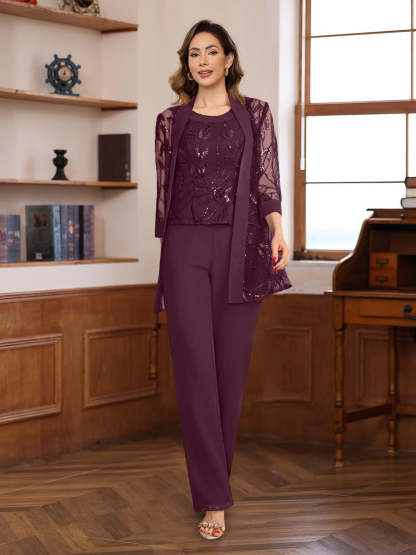 3-Piece Floor-Length Chiffon Pantsuits with Sequins for the Mother of the Bride