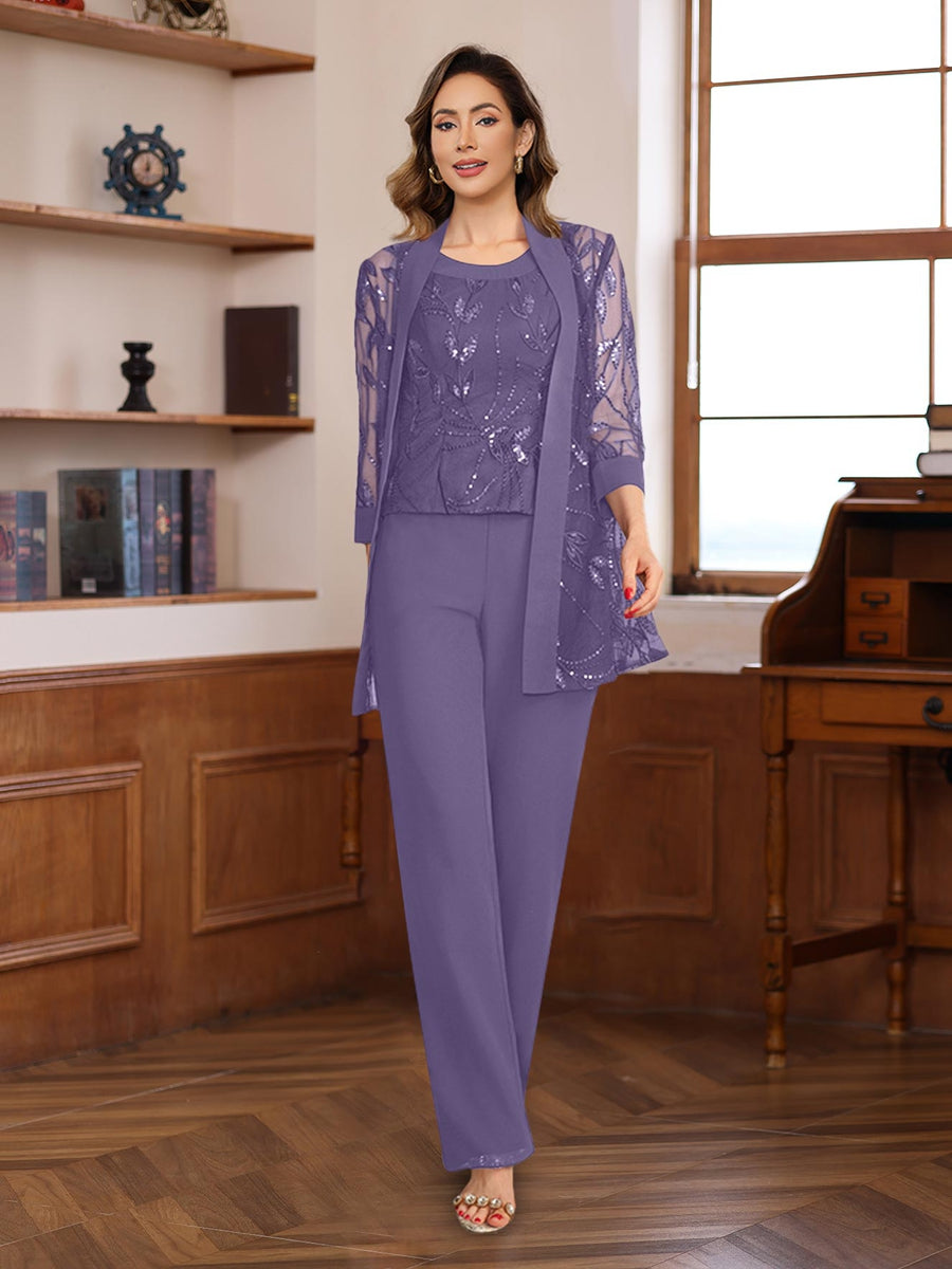 3-Piece Floor-Length Chiffon Pantsuits with Sequins for the Mother of the Bride