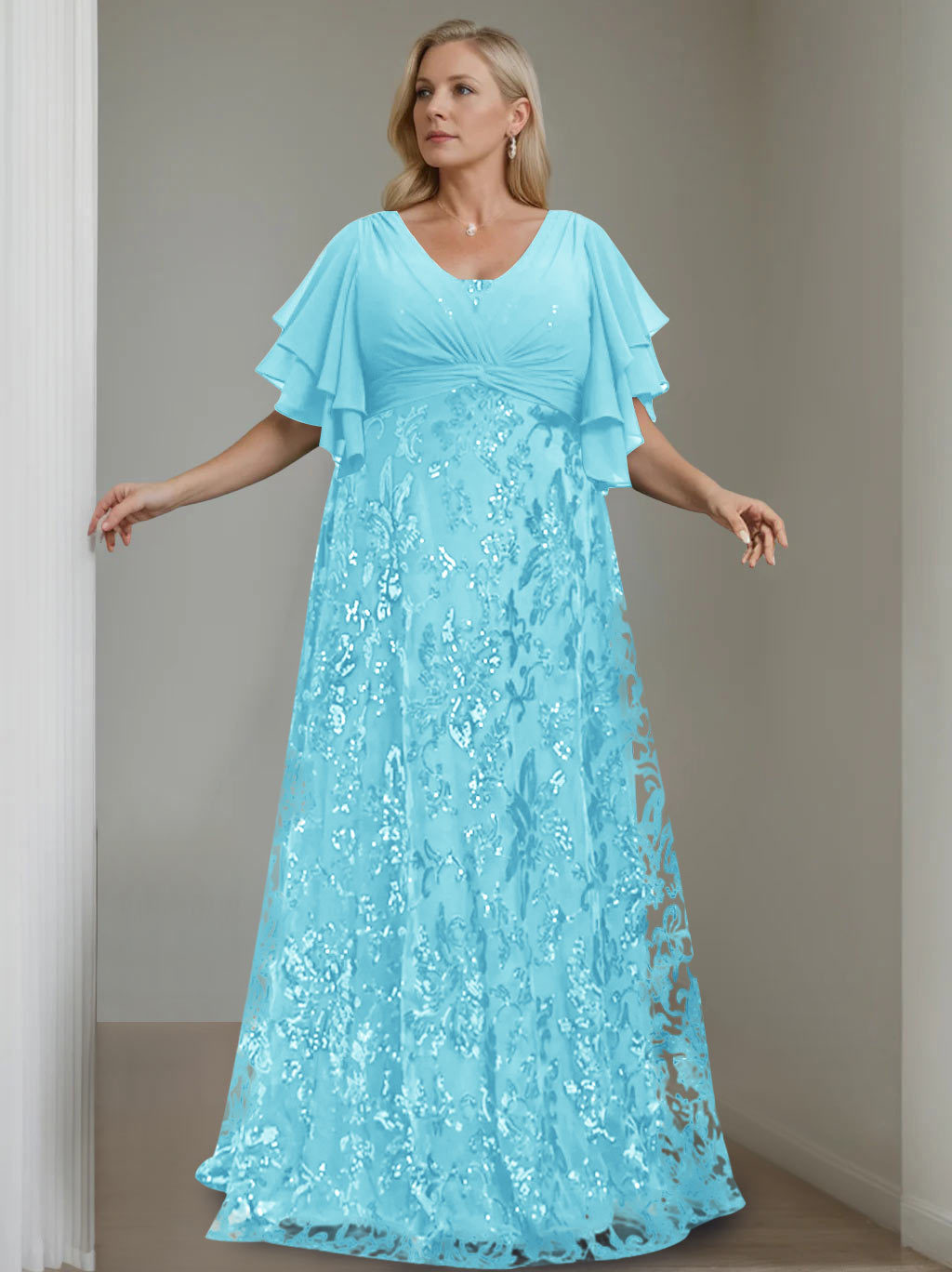 Plus Size V-Neck A-Line Princess Floor-Length Mother of the Bride Dress with Sequins and Half Sleeves