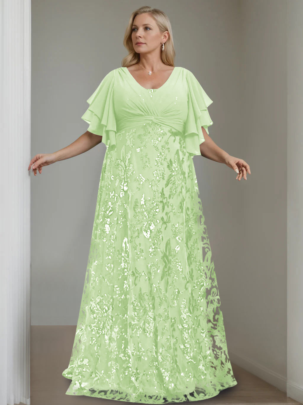 Plus Size V-Neck A-Line Princess Floor-Length Mother of the Bride Dress with Sequins and Half Sleeves