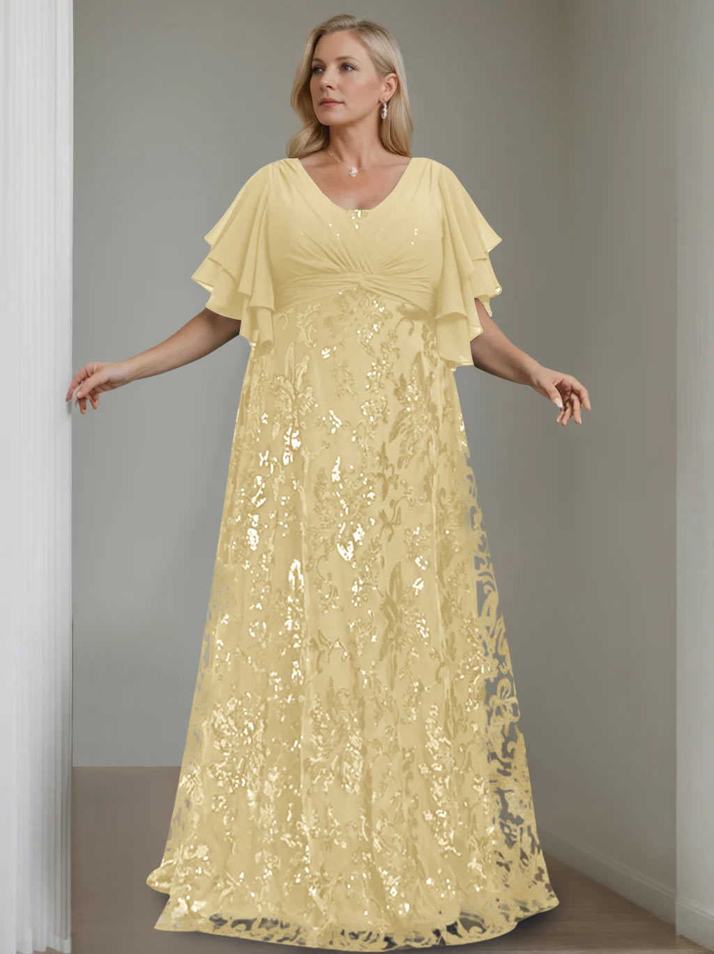 Plus Size V-Neck A-Line Princess Floor-Length Mother of the Bride Dress with Sequins and Half Sleeves