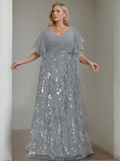 Plus Size V-Neck A-Line Princess Floor-Length Mother of the Bride Dress with Sequins and Half Sleeves
