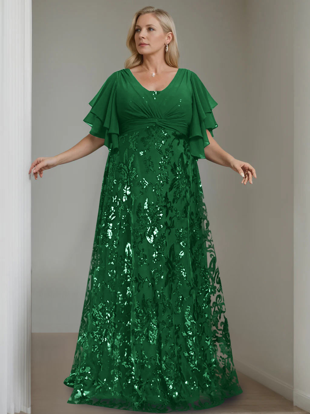 Plus Size V-Neck A-Line Princess Floor-Length Mother of the Bride Dress with Sequins and Half Sleeves