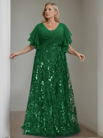 Plus Size V-Neck A-Line Princess Floor-Length Mother of the Bride Dress with Sequins and Half Sleeves