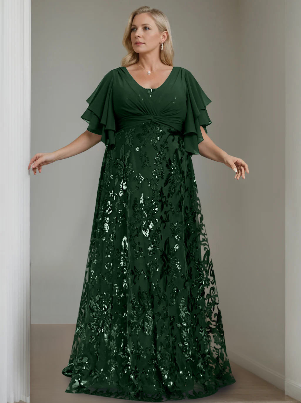 Plus Size V-Neck A-Line Princess Floor-Length Mother of the Bride Dress with Sequins and Half Sleeves