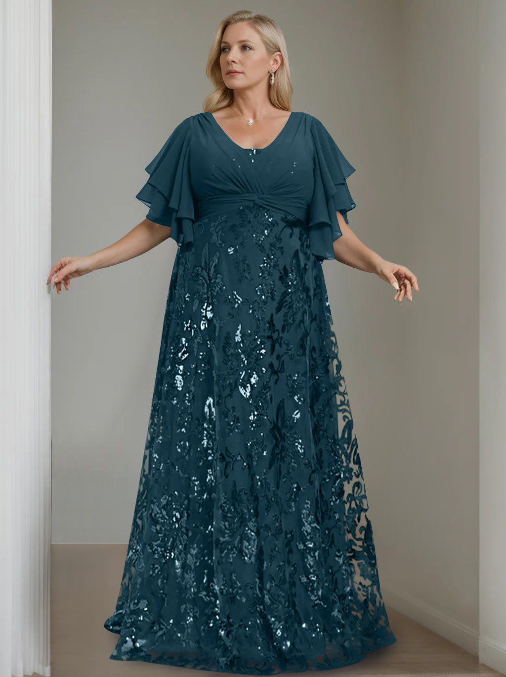 Plus Size V-Neck A-Line Princess Floor-Length Mother of the Bride Dress with Sequins and Half Sleeves
