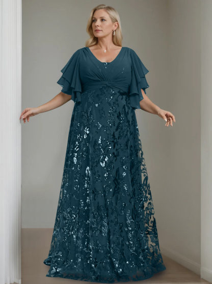Plus Size V-Neck A-Line Princess Floor-Length Mother of the Bride Dress with Sequins and Half Sleeves
