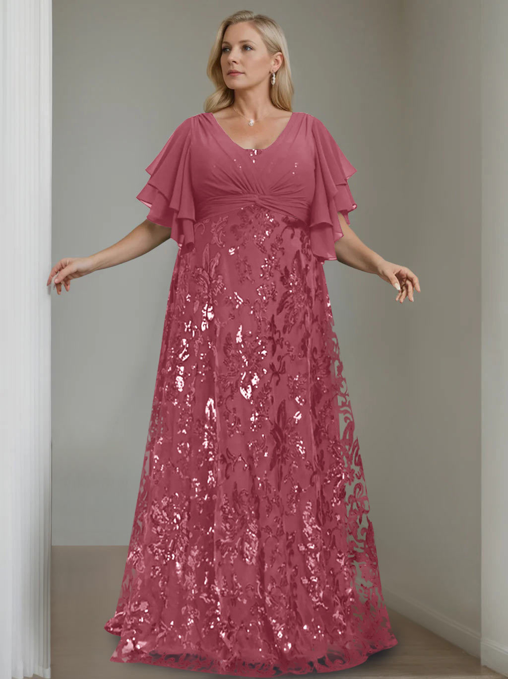 Plus Size V-Neck A-Line Princess Floor-Length Mother of the Bride Dress with Sequins and Half Sleeves