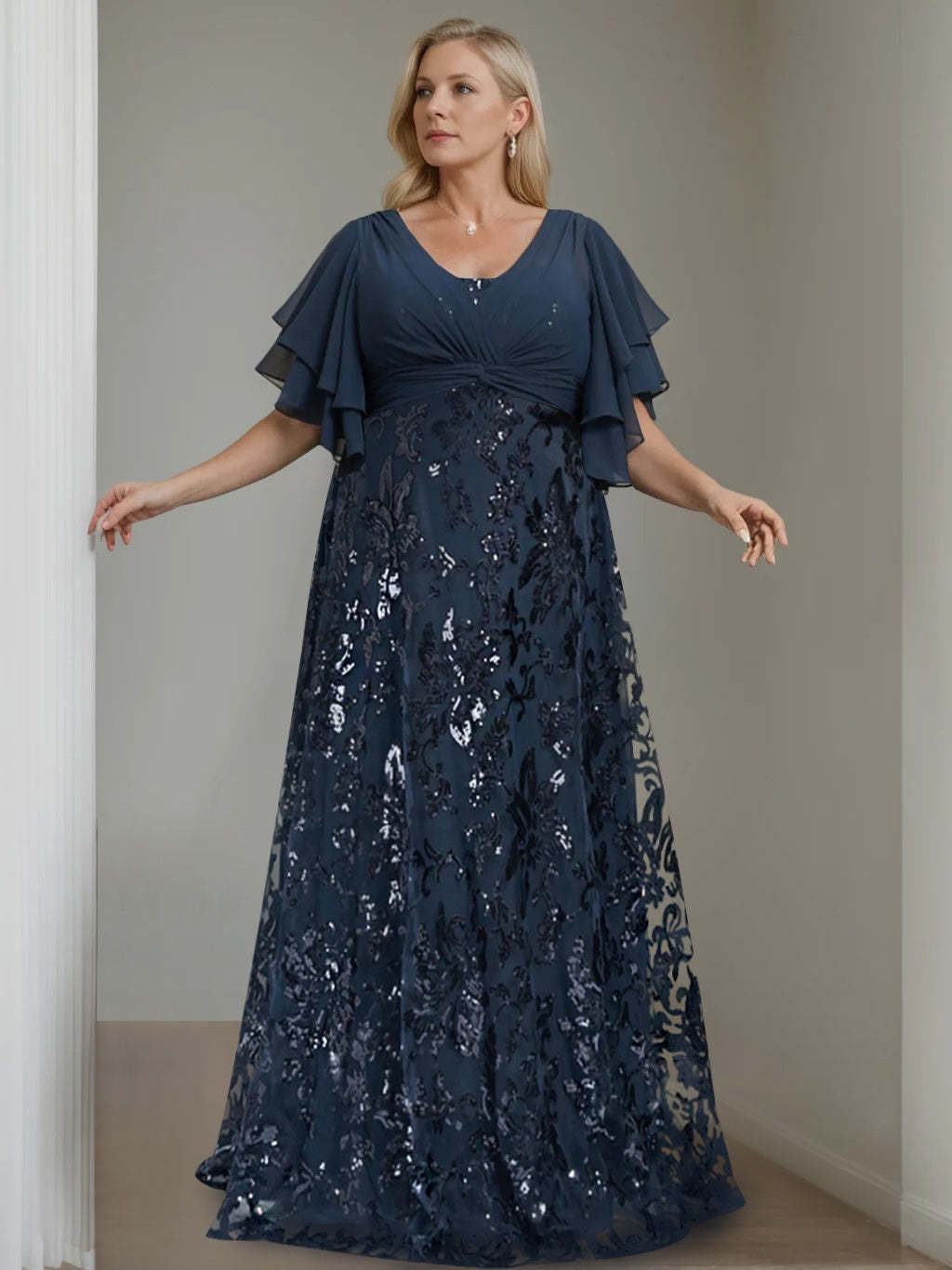 Plus Size V-Neck A-Line Princess Floor-Length Mother of the Bride Dress with Sequins and Half Sleeves