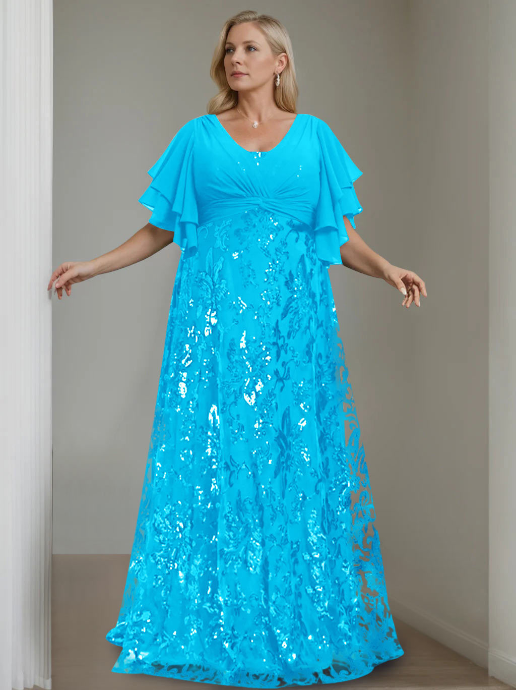 Plus Size V-Neck A-Line Princess Floor-Length Mother of the Bride Dress with Sequins and Half Sleeves