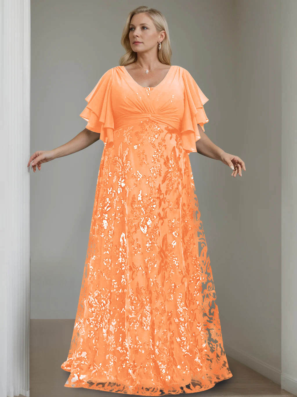 Plus Size V-Neck A-Line Princess Floor-Length Mother of the Bride Dress with Sequins and Half Sleeves