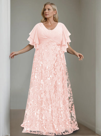 Plus Size V-Neck A-Line Princess Floor-Length Mother of the Bride Dress with Sequins and Half Sleeves