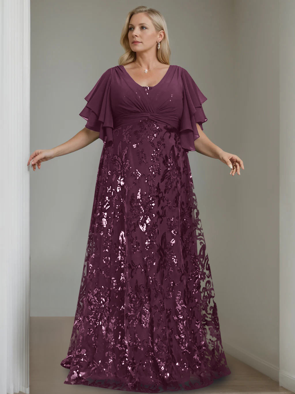 Plus Size V-Neck A-Line Princess Floor-Length Mother of the Bride Dress with Sequins and Half Sleeves