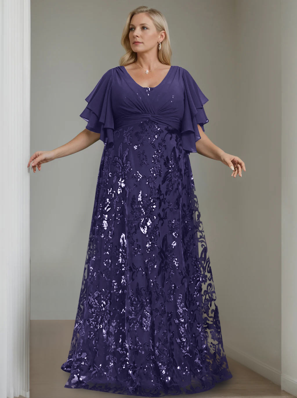 Plus Size V-Neck A-Line Princess Floor-Length Mother of the Bride Dress with Sequins and Half Sleeves