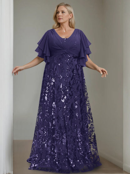 Plus Size V-Neck A-Line Princess Floor-Length Mother of the Bride Dress with Sequins and Half Sleeves