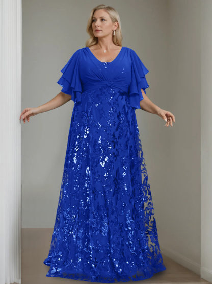 Plus Size V-Neck A-Line Princess Floor-Length Mother of the Bride Dress with Sequins and Half Sleeves