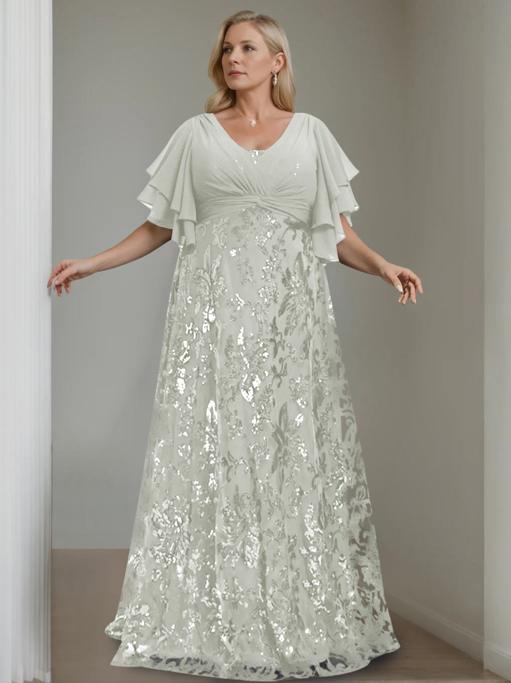 Plus Size V-Neck A-Line Princess Floor-Length Mother of the Bride Dress with Sequins and Half Sleeves