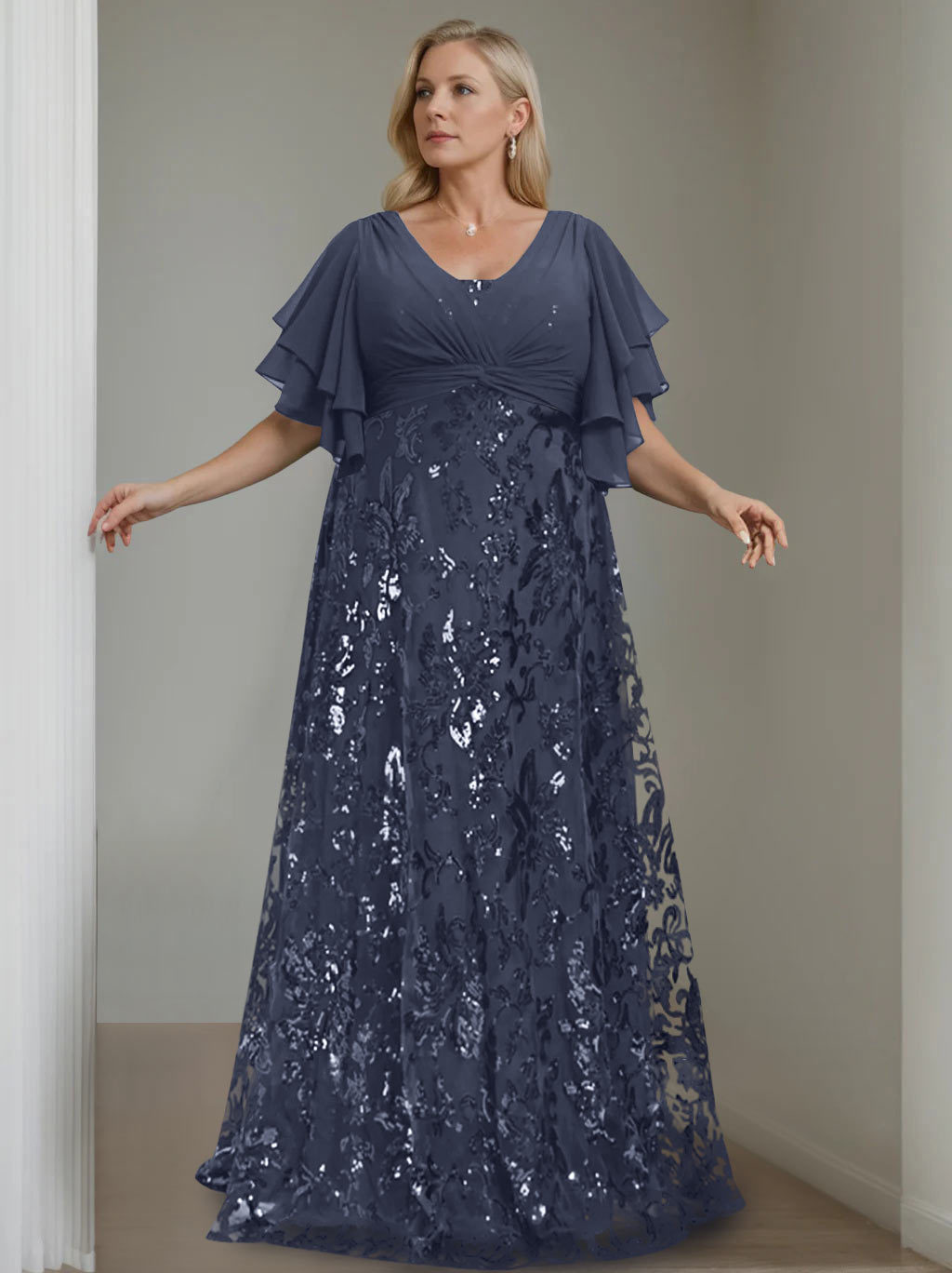 Plus Size V-Neck A-Line Princess Floor-Length Mother of the Bride Dress with Sequins and Half Sleeves