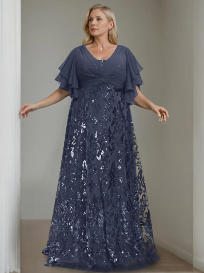 Plus Size V-Neck A-Line Princess Floor-Length Mother of the Bride Dress with Sequins and Half Sleeves