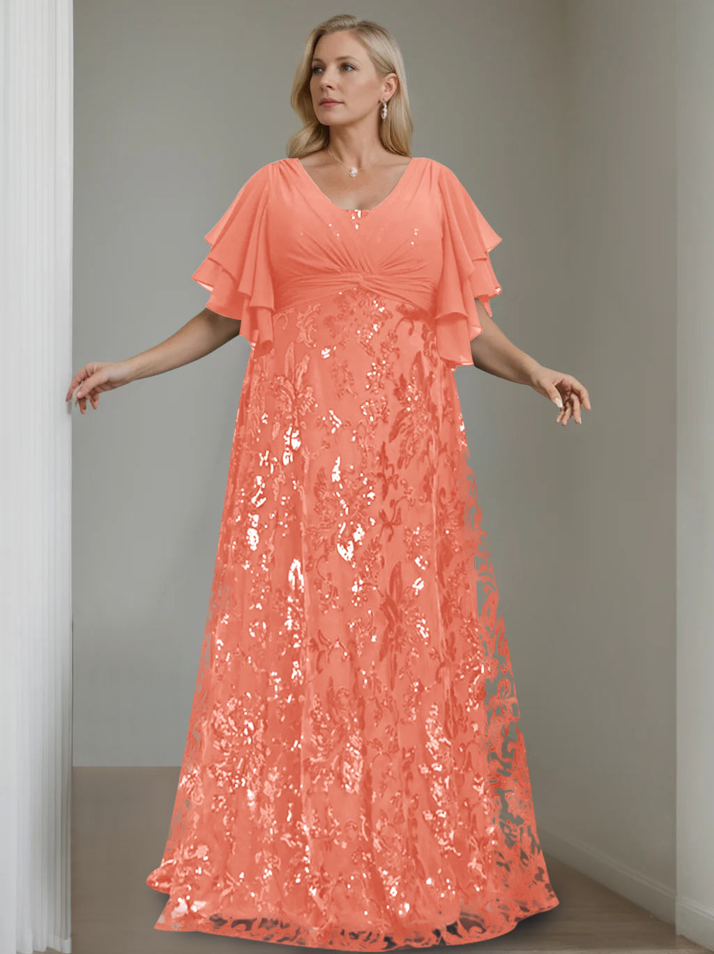Plus Size V-Neck A-Line Princess Floor-Length Mother of the Bride Dress with Sequins and Half Sleeves