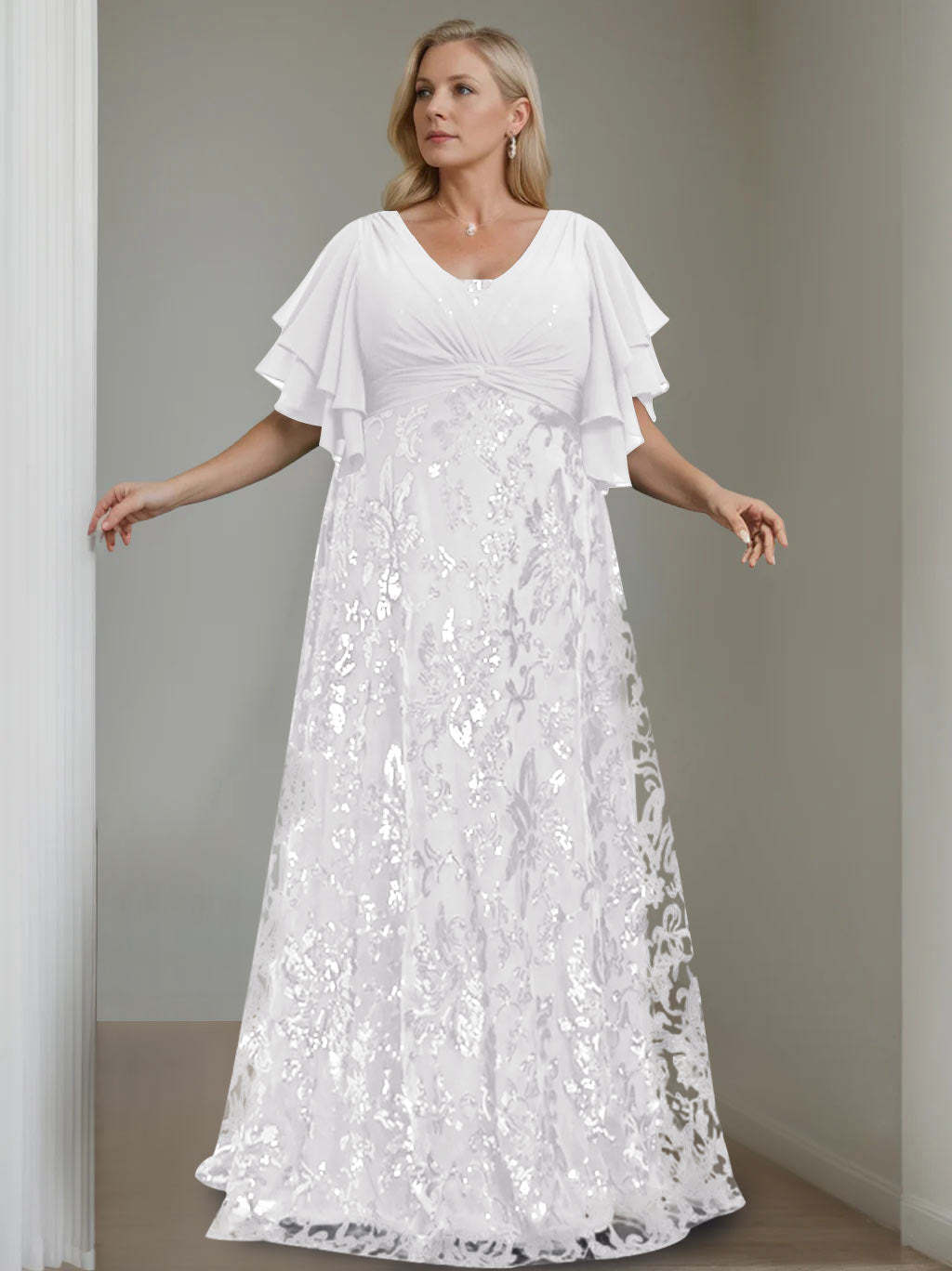 Plus Size V-Neck A-Line Princess Floor-Length Mother of the Bride Dress with Sequins and Half Sleeves