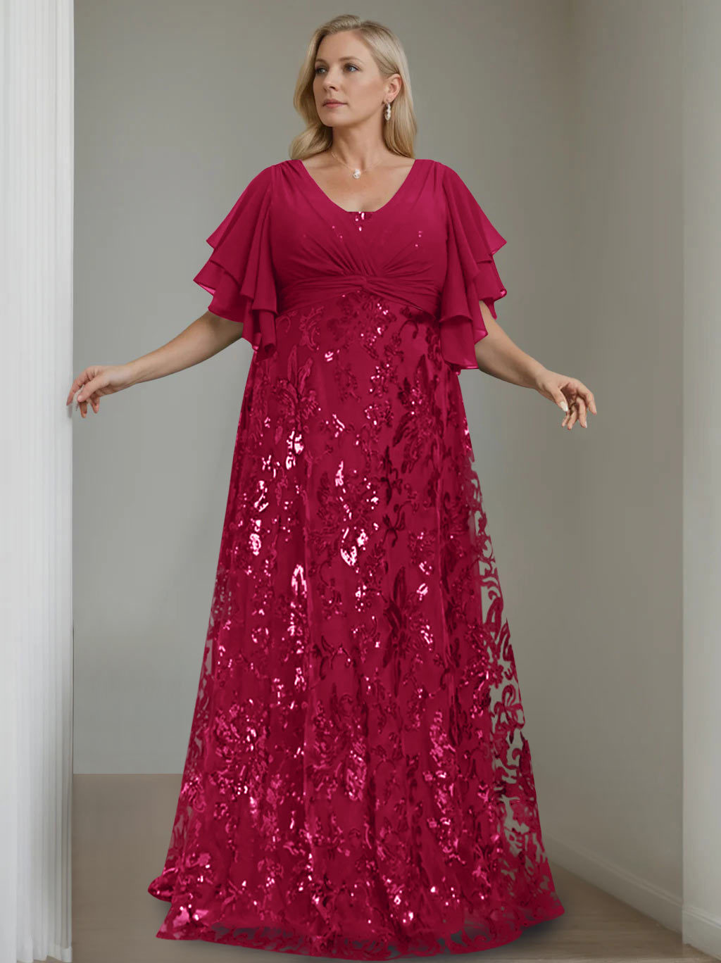 Plus Size V-Neck A-Line Princess Floor-Length Mother of the Bride Dress with Sequins and Half Sleeves