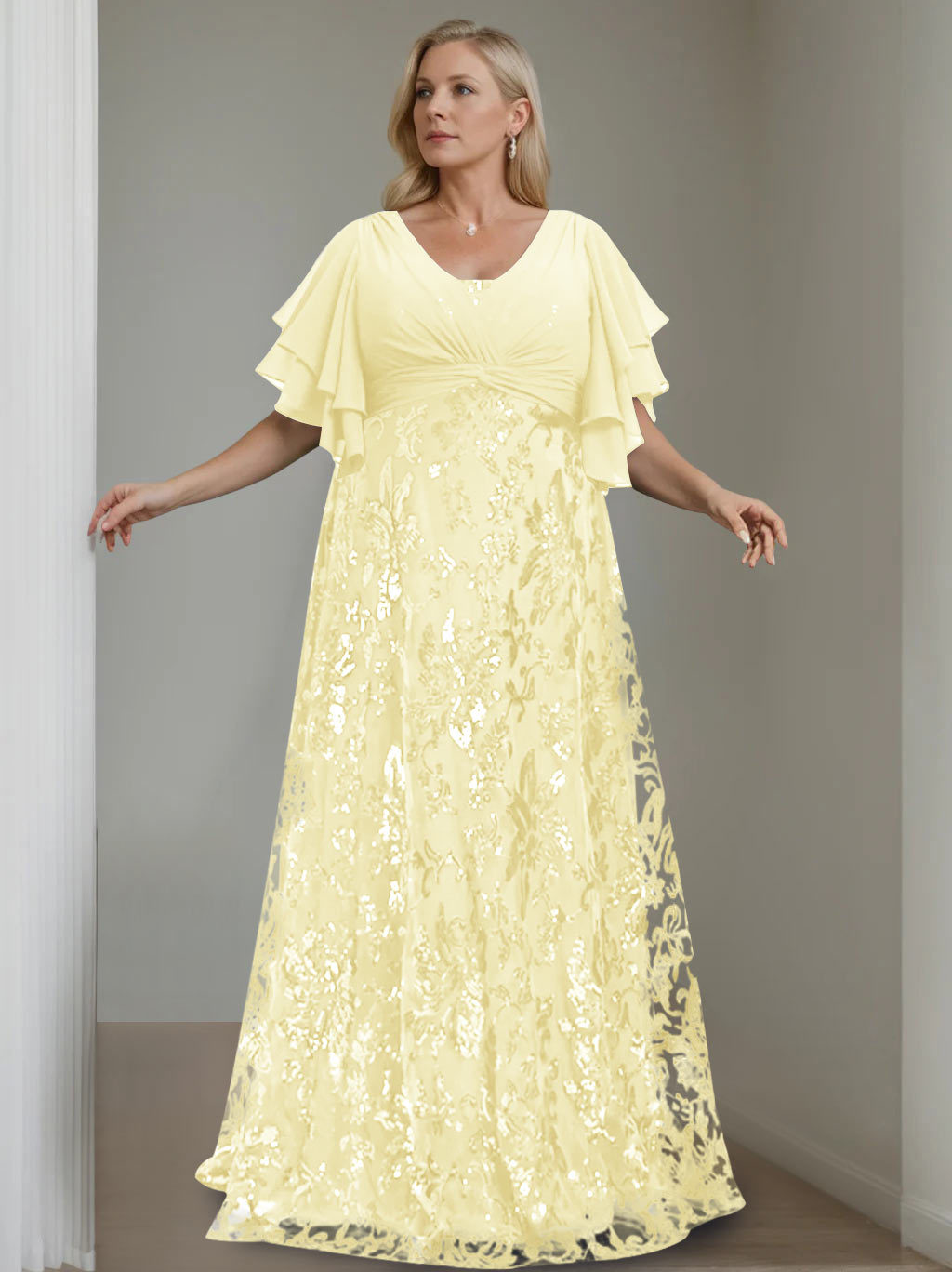 Plus Size V-Neck A-Line Princess Floor-Length Mother of the Bride Dress with Sequins and Half Sleeves