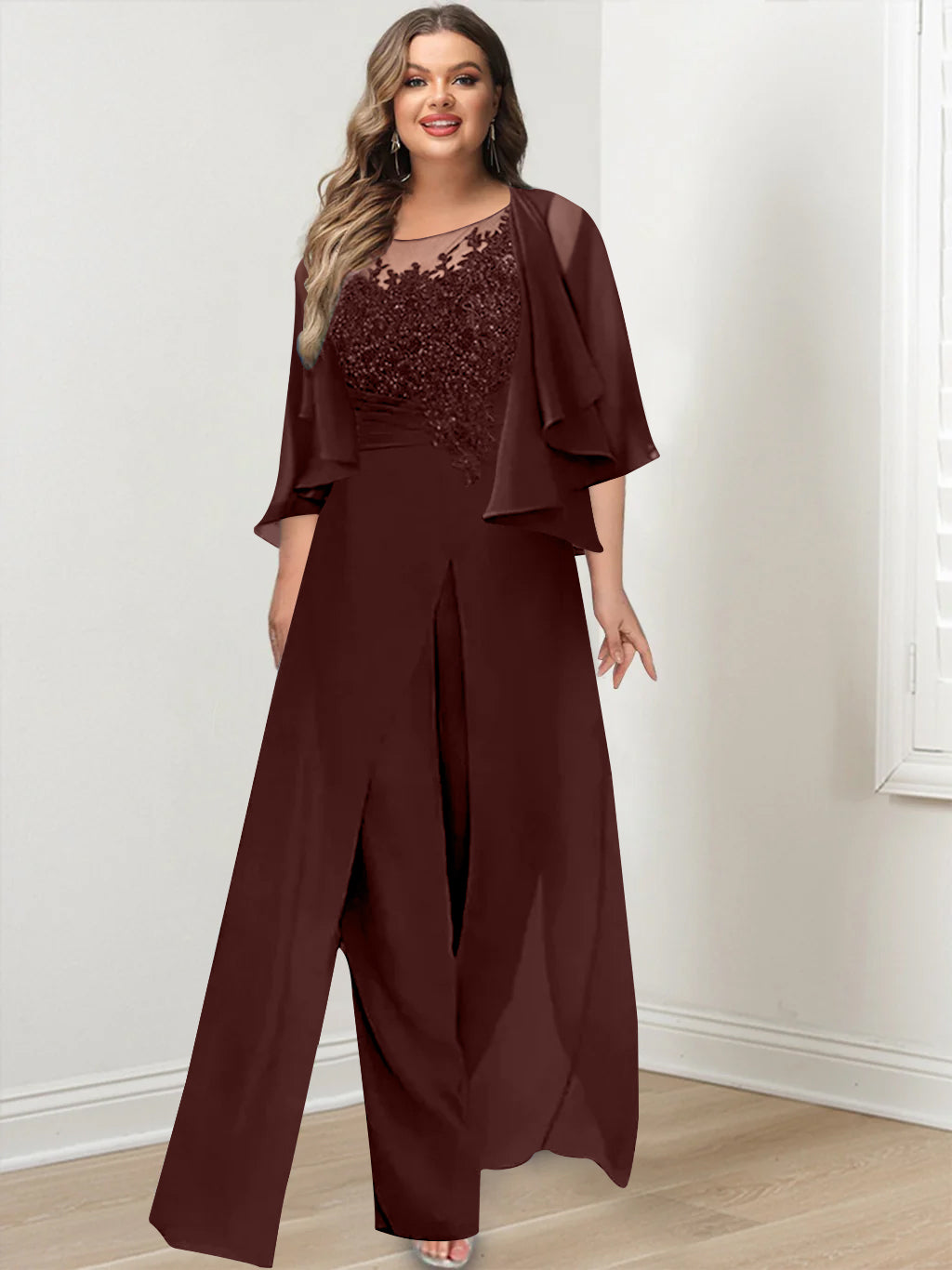 Plus Size Mother of the Bride A-Line/Princess Jumpsuit with Jacket Floor-Length Design Side Split & Appliques