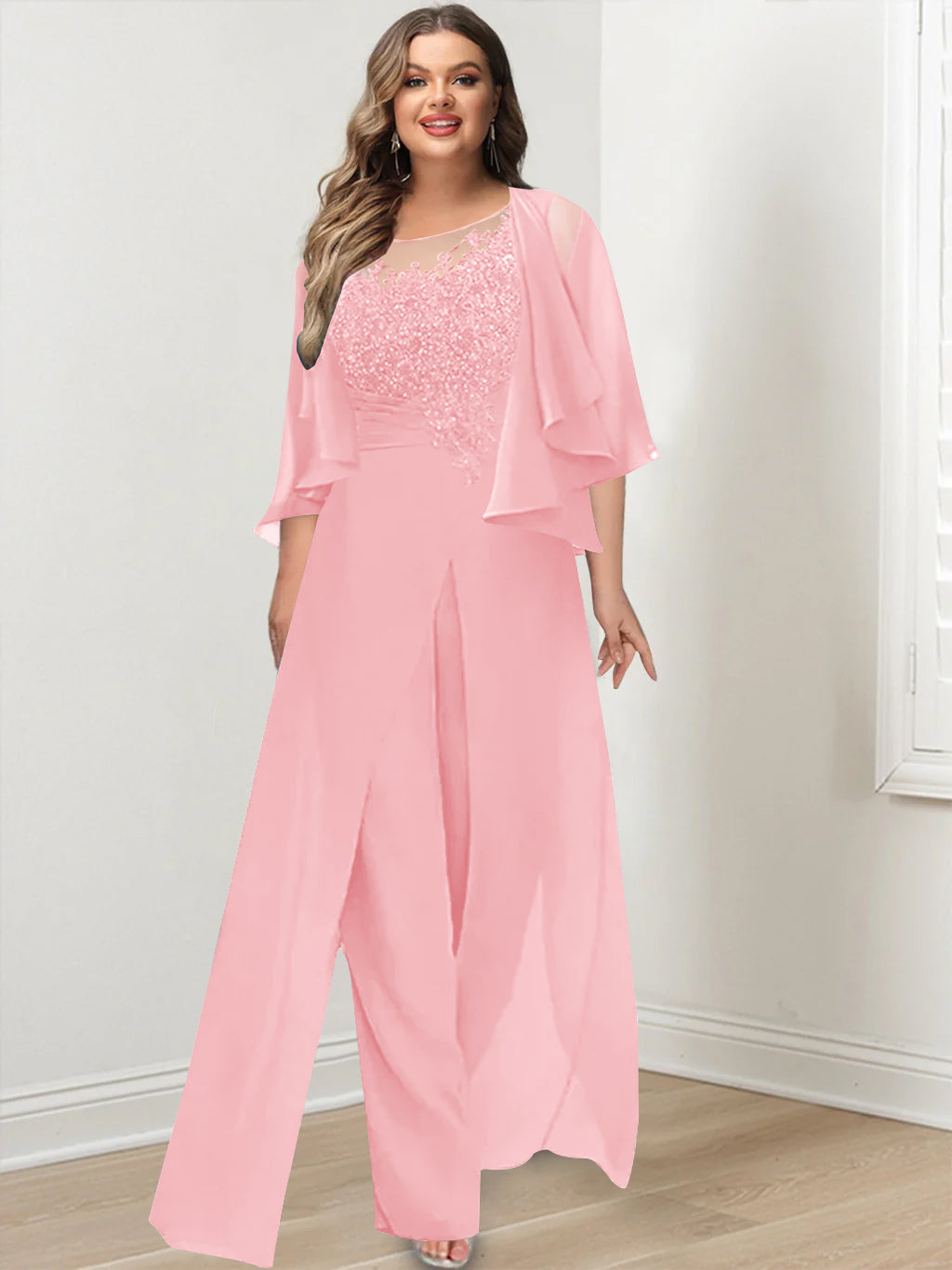 Plus Size Mother of the Bride A-Line/Princess Jumpsuit with Jacket Floor-Length Design Side Split & Appliques