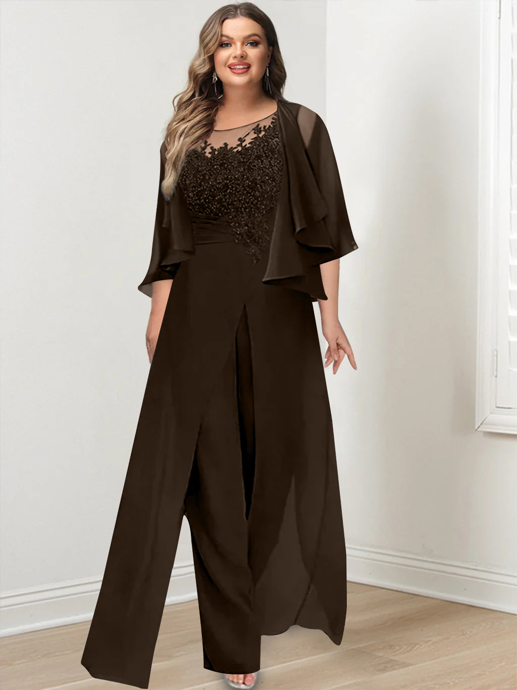 Plus Size Mother of the Bride A-Line/Princess Jumpsuit with Jacket Floor-Length Design Side Split & Appliques