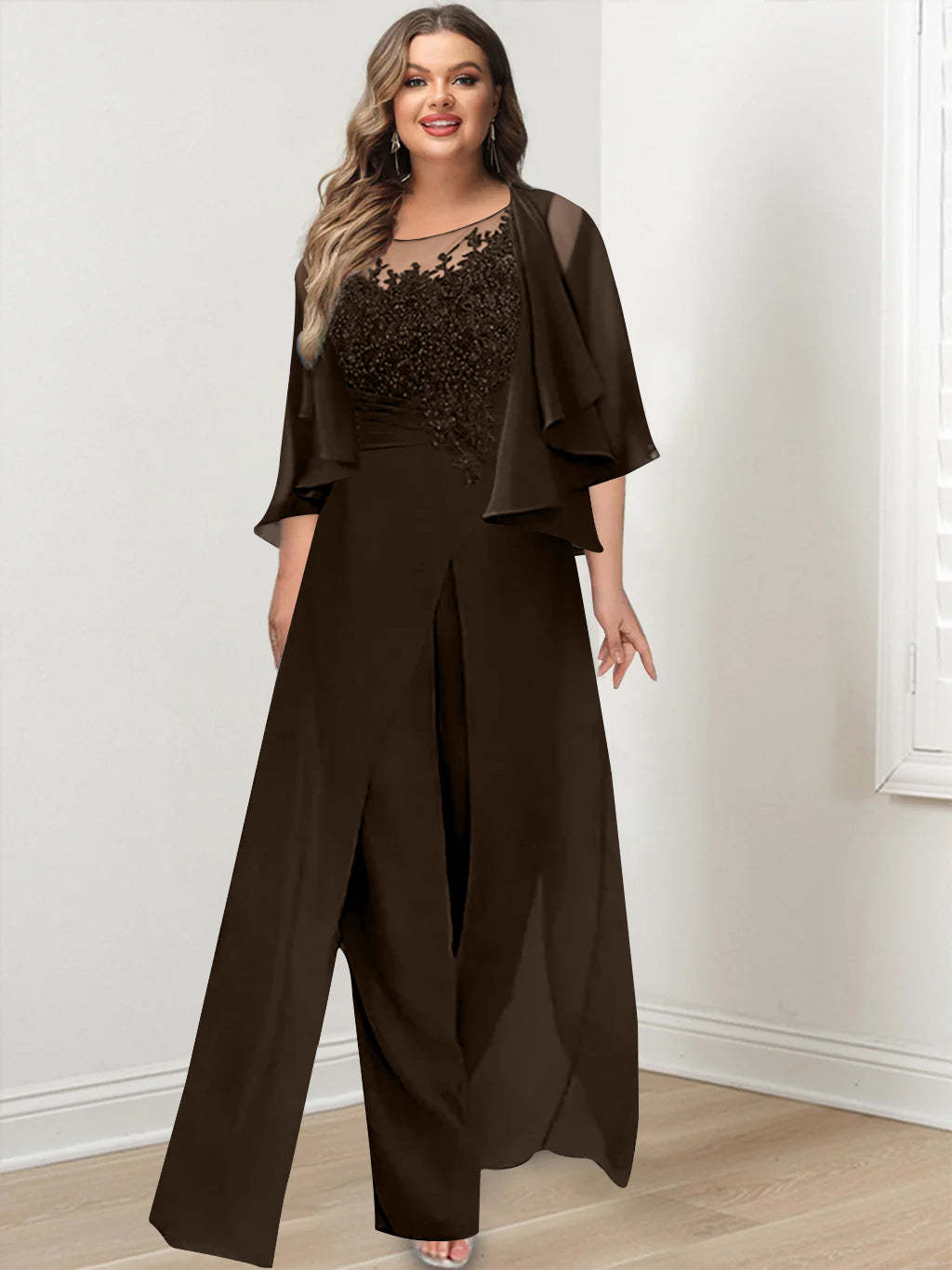 Plus Size Mother of the Bride A-Line/Princess Jumpsuit with Jacket Floor-Length Design Side Split & Appliques