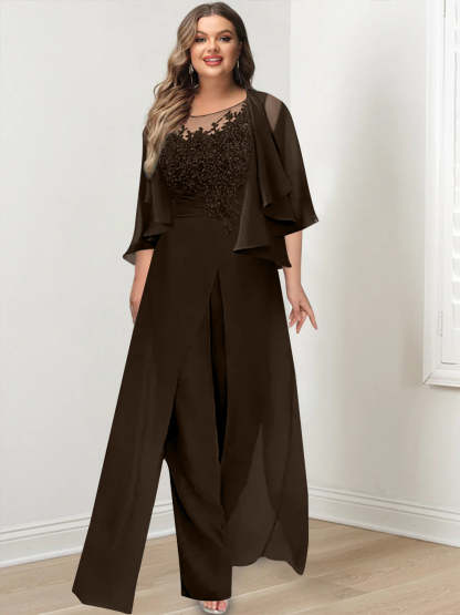 Plus Size Mother of the Bride A-Line/Princess Jumpsuit with Jacket Floor-Length Design Side Split & Appliques