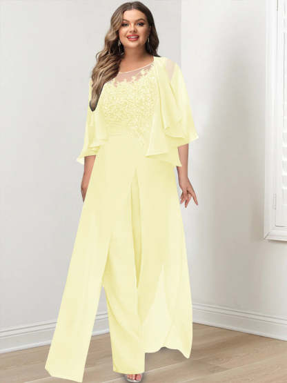 Plus Size Mother of the Bride A-Line/Princess Jumpsuit with Jacket Floor-Length Design Side Split & Appliques