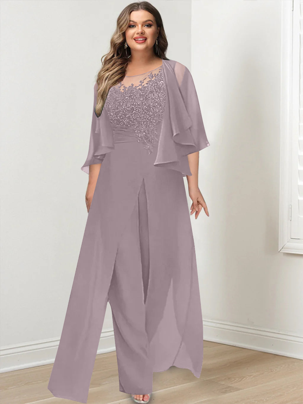 Plus Size Mother of the Bride A-Line/Princess Jumpsuit with Jacket Floor-Length Design Side Split & Appliques