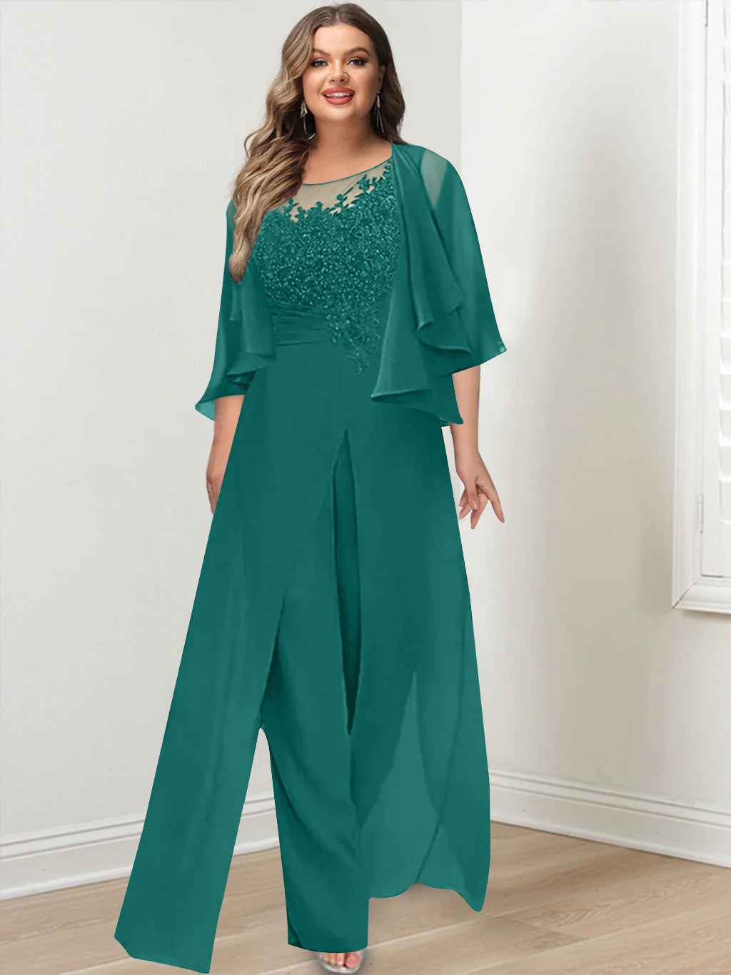 Plus Size Mother of the Bride A-Line/Princess Jumpsuit with Jacket Floor-Length Design Side Split & Appliques