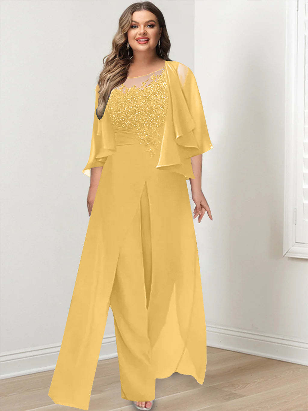 Plus Size Mother of the Bride A-Line/Princess Jumpsuit with Jacket Floor-Length Design Side Split & Appliques