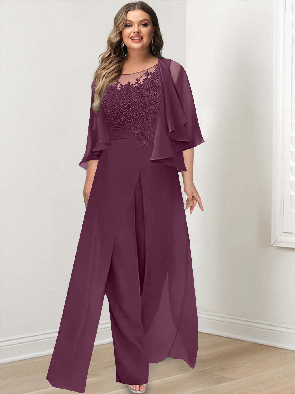 Plus Size Mother of the Bride A-Line/Princess Jumpsuit with Jacket Floor-Length Design Side Split & Appliques