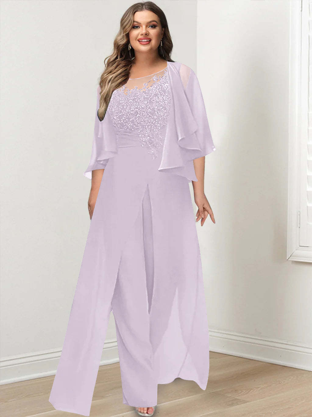 Plus Size Mother of the Bride A-Line/Princess Jumpsuit with Jacket Floor-Length Design Side Split & Appliques