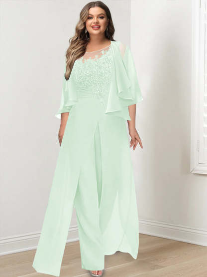 Plus Size Mother of the Bride A-Line/Princess Jumpsuit with Jacket Floor-Length Design Side Split & Appliques