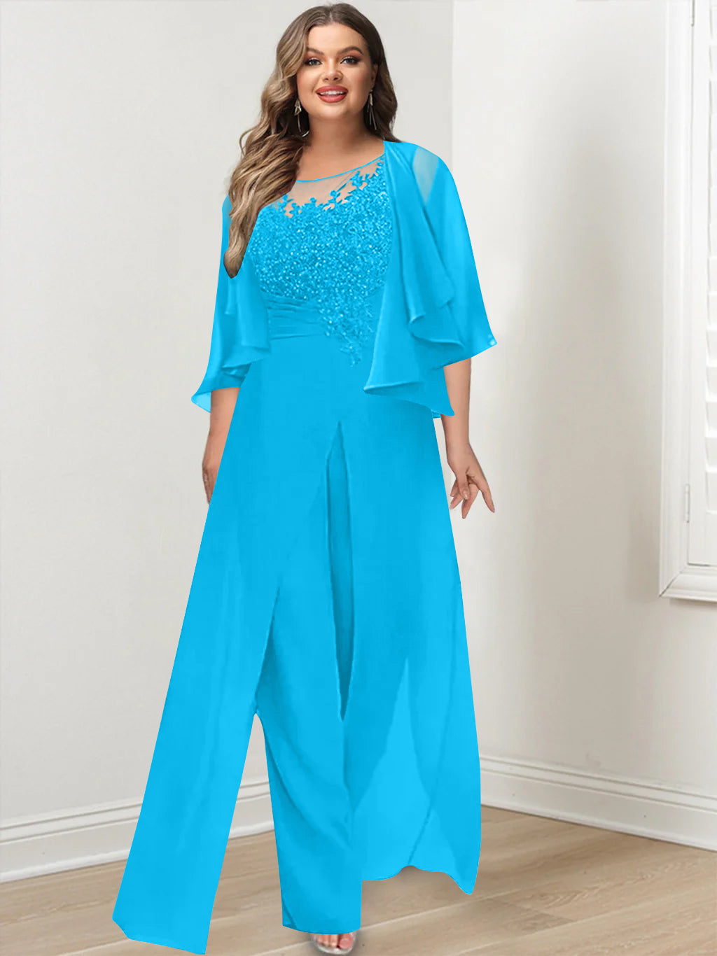 Plus Size Mother of the Bride A-Line/Princess Jumpsuit with Jacket Floor-Length Design Side Split & Appliques