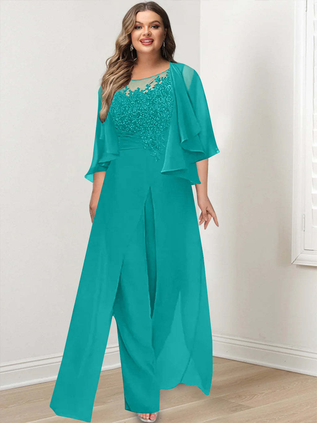 Plus Size Mother of the Bride A-Line/Princess Jumpsuit with Jacket Floor-Length Design Side Split & Appliques