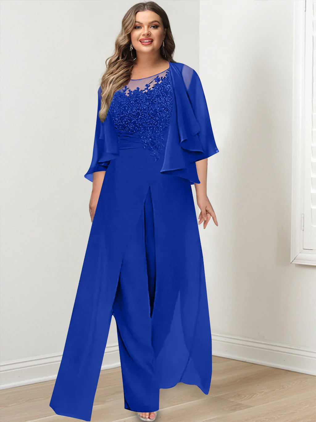 Plus Size Mother of the Bride A-Line/Princess Jumpsuit with Jacket Floor-Length Design Side Split & Appliques