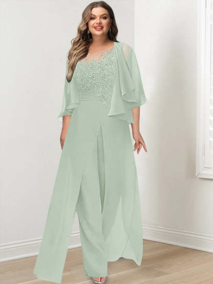 Plus Size Mother of the Bride A-Line/Princess Jumpsuit with Jacket Floor-Length Design Side Split & Appliques